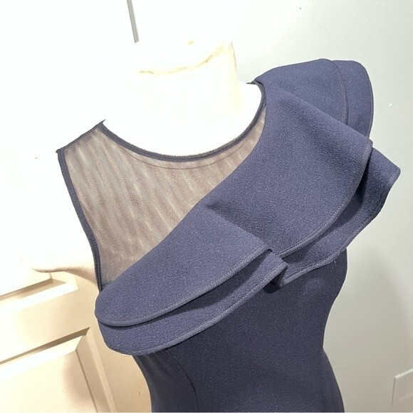 Eliza J. Navy Blue One Shoulder Illusion Ruffle Mermaid Gown Size 6 - Picture 4 of 14
